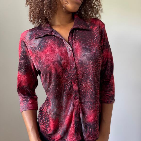 Vintage Pimkie Red Galaxy Satin Blouse (S/M) - Picture 4 of 9